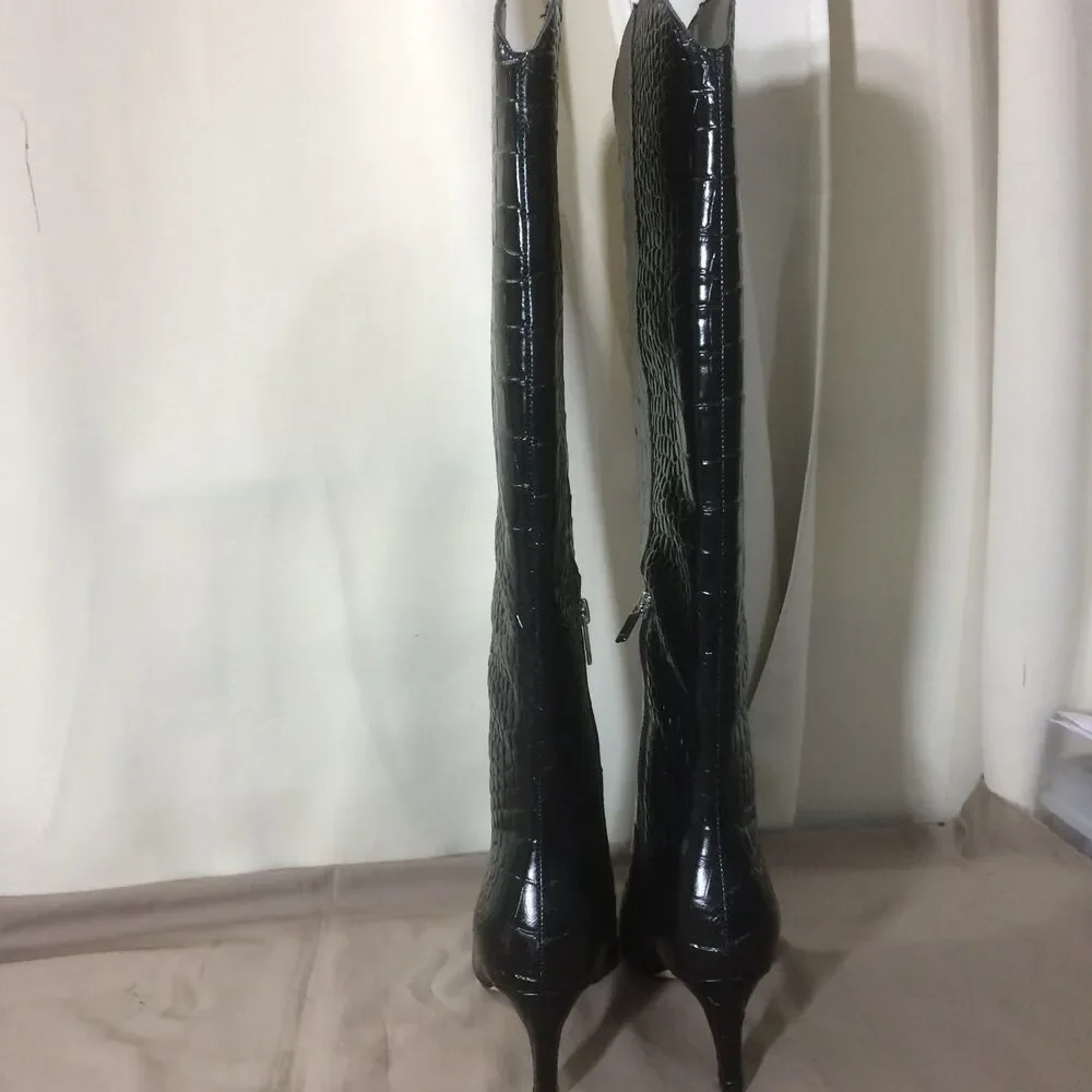 NEW Marc Fisher LTD Quinnie Black Croc Embossed Knee High Boot Size 6.5 Unworn